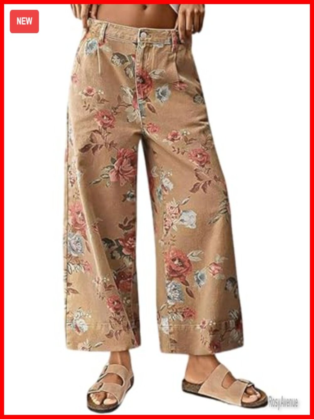 Women Mid Rise Cropped Wide Leg Floral Print Denim Jeans Palazzo